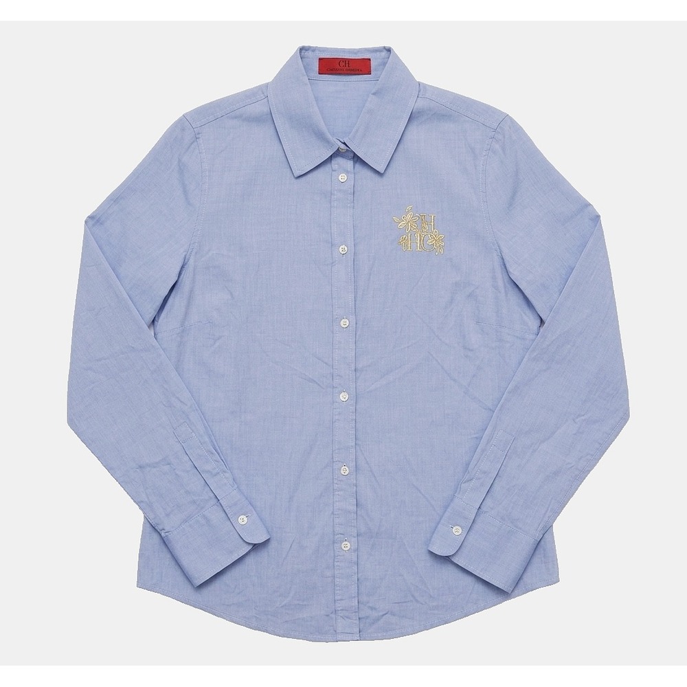 Carolina Herrera Blouse Womens Size 8(M) Blue Long Sleeve Gold Embroidered Logo